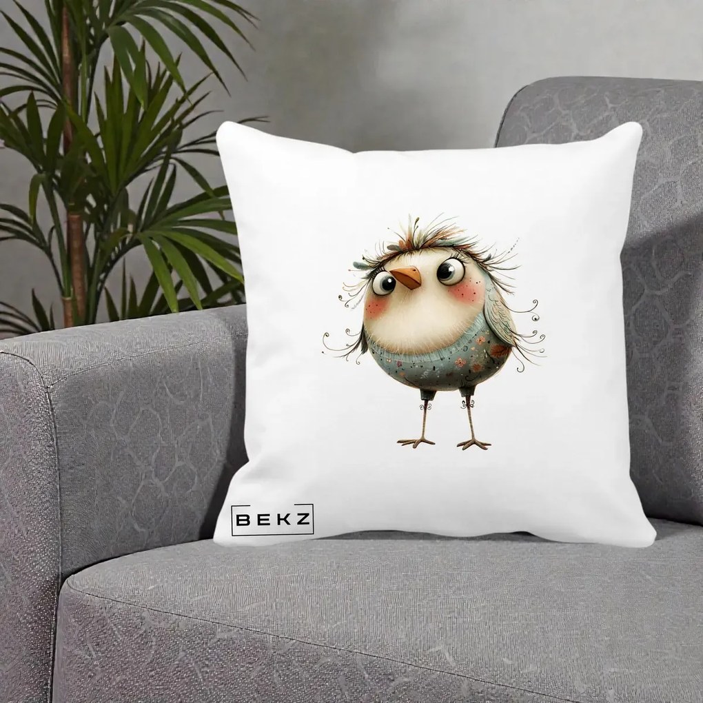 Perna Decorativa Pasare cu Penaj Zbarlit si Gene, 40x40 cm, Alba Mata, Husa Detasabila, Perna Inclusa, BEKZ®