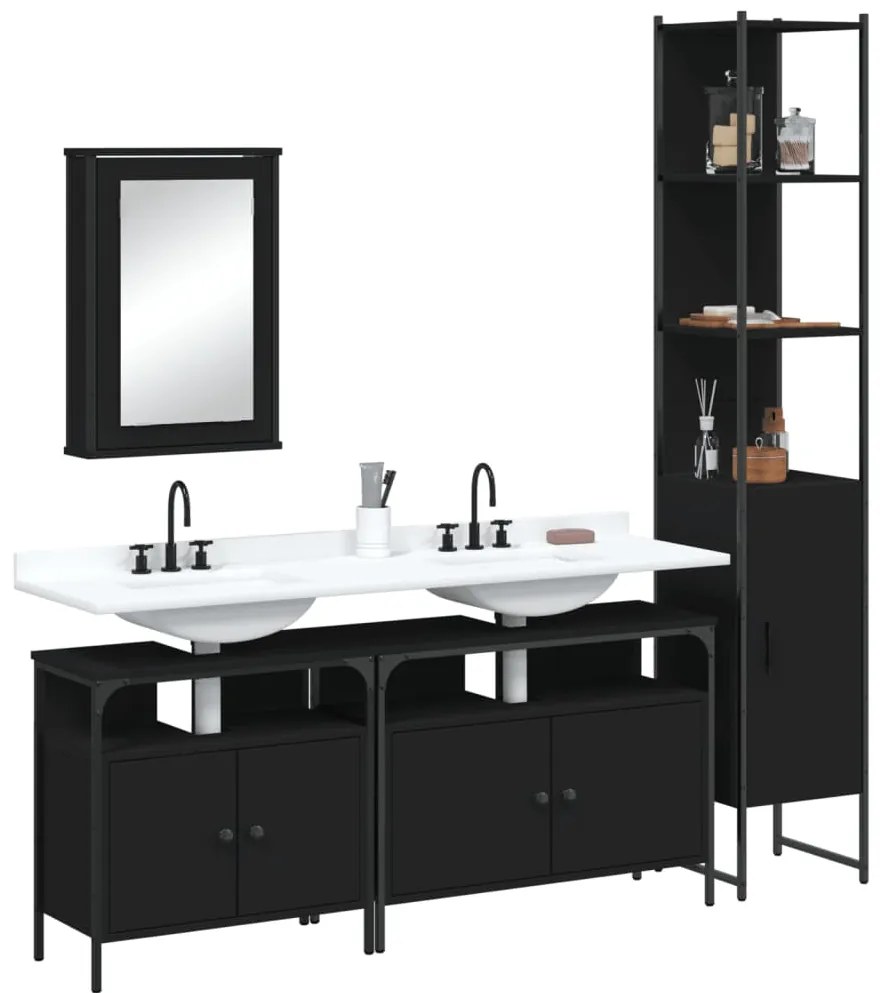 vidaXL Set mobilier de baie, 4 piese, negru, lemn prelucrat
