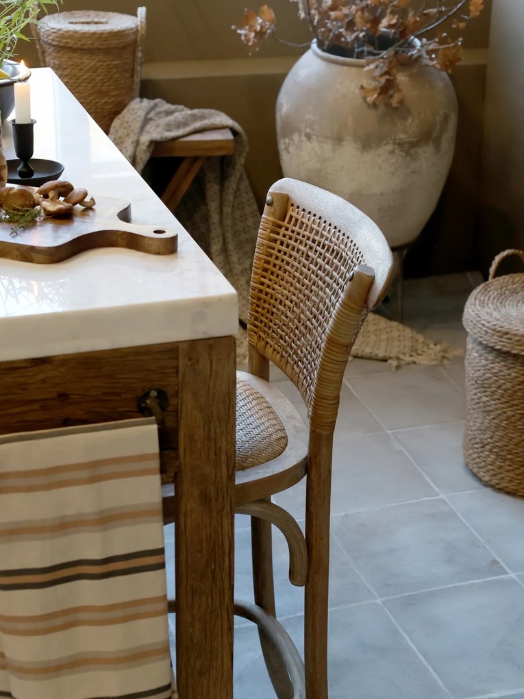 Scaun de bar cannage pentru insulă din lemn de hevea și ratan, natur, cu suport inelar pentru picioare, 92 x 40 x 45 cm, „Old French”