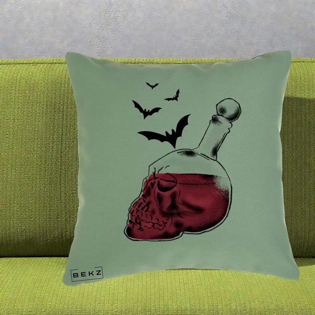 Perna Decorativa Halloween Craniu-Sticla cu Lilieci, 40x40 cm, Verde, Husa Detasabila, Perna Inclusa, BEKZ®