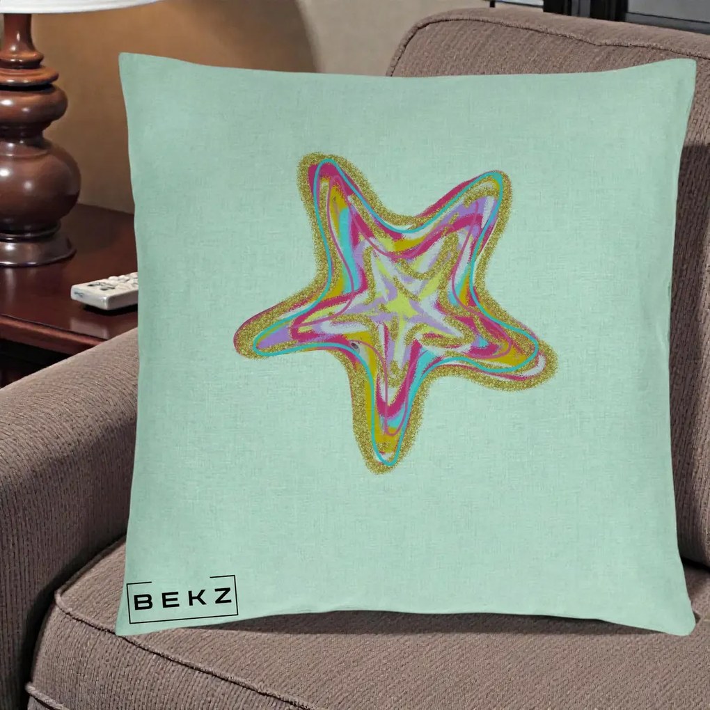 Perna Decorativa Stea de Mare Neon Curcubeu, 40x40 cm, Verde Menta, Husa Detasabila, Perna Inclusa, BEKZ®