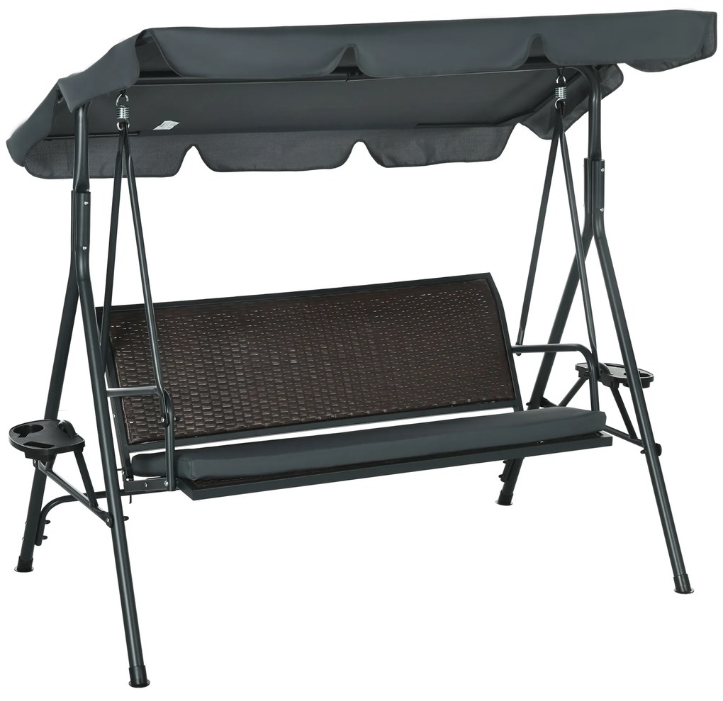 Outsunny Leagăn de Grădină de 3 Locuri cu Acoperiș Reglabil Suporturi pentru Pahar și Tăvițe Scaun 320 kg 204x112x150 cm Gri | Aosom Romania