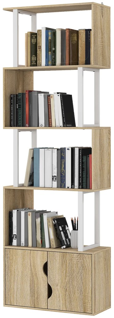 HOMCOM Bibliotecă cu 5 nivele, mobilier de depozitare cu rafturi și dulap cu dublă ușă, 60 x 23,8 x 179,2 cm, lemn natural | Aosom Romania