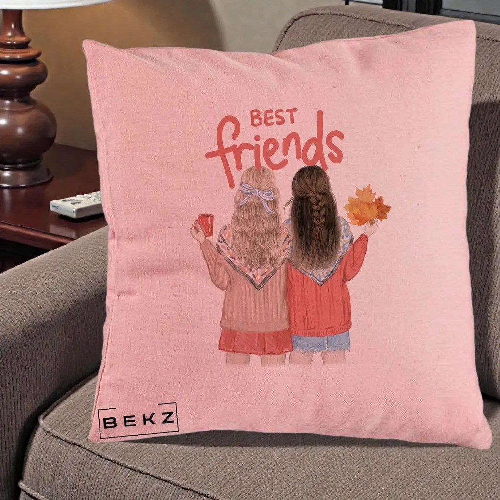 Cadou pentru Prieteni - Perna Personalizata Best Friends Toamna, 40x40 cm, Roz, Husa Detasabila, Perna Inclusa, BEKZ®