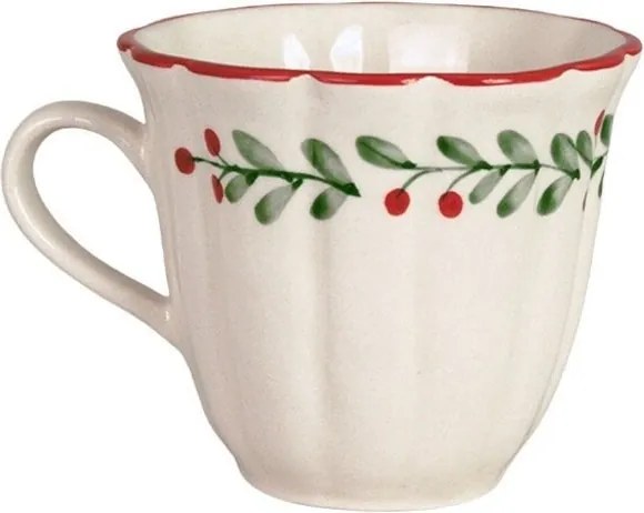 Cană din ceramică artizanală albă cu motiv de Crăciun pictat manual, margine ondulată roșie, cu mâner, 10,5 × 9,5 cm, „Esther Lingonberry"