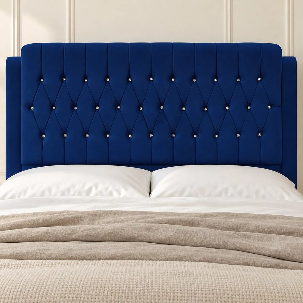 Pat tapițat Chesterfield din catifea Aveline Deluxe 160×200 cm, bleumarin, cu ladă de depozitare