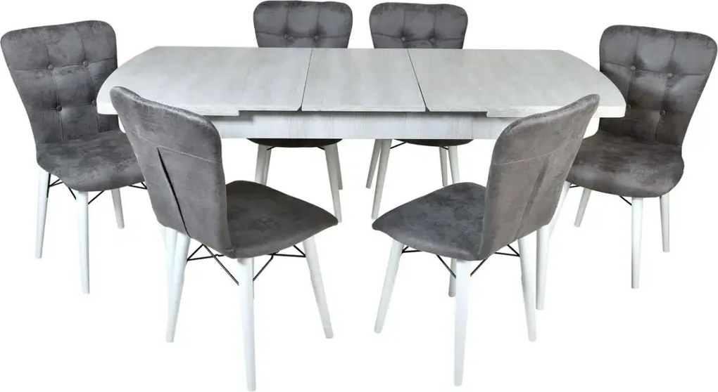 Set masa extensibila cu 4 scaune tapitate Homs cristal  bej-gri-picior-alb-170 x 80 cm