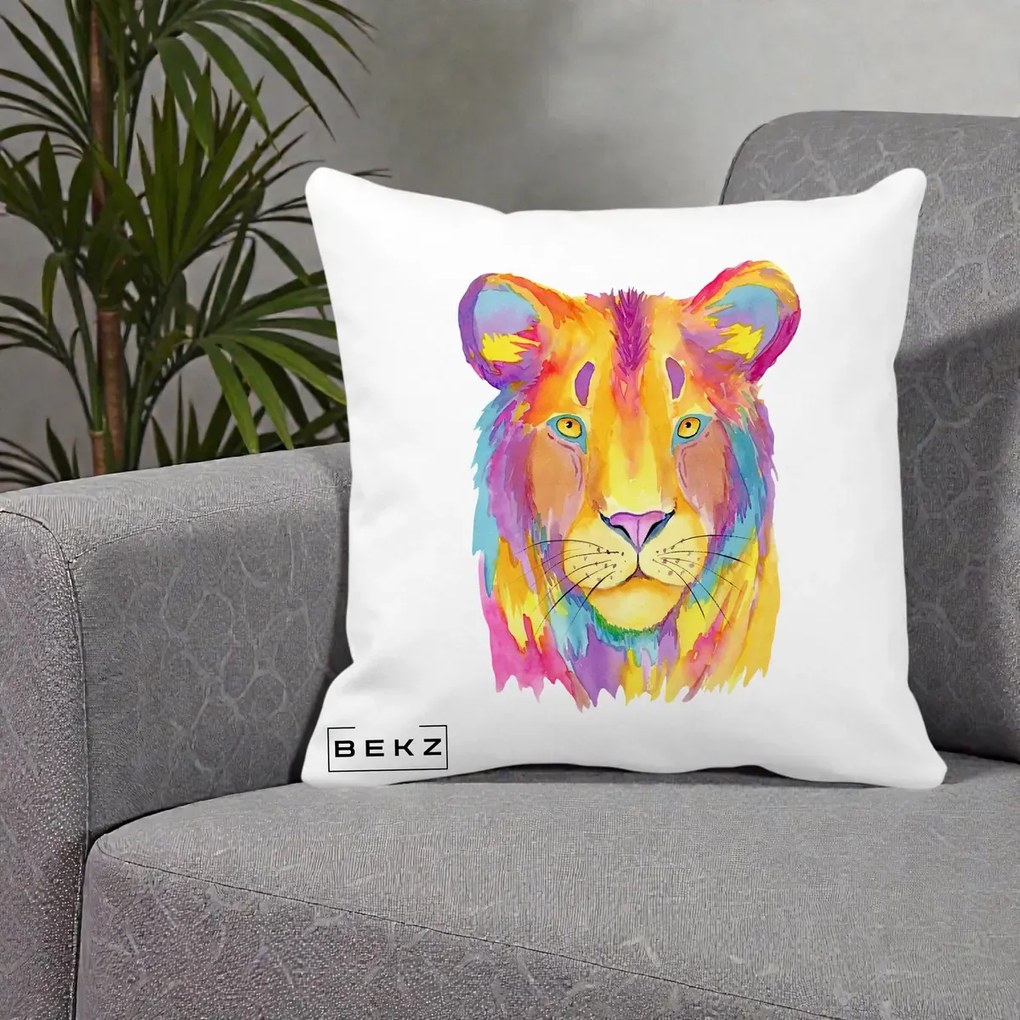 Perna Decorativa Leu Acuarela Curcubeu, 40x40 cm, Alba Mata, Husa Detasabila, Perna Inclusa, BEKZ®