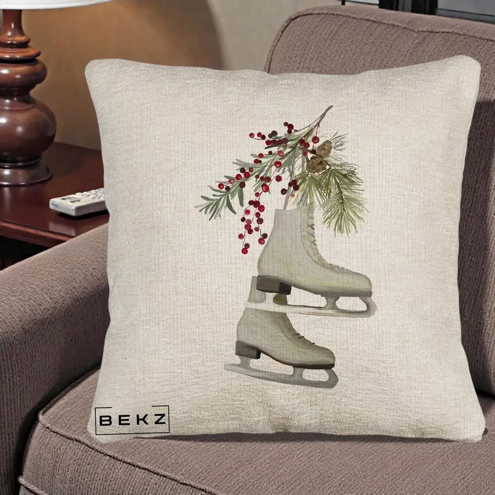Perna Decorativa Patine cu Ramuri de Brad si Afine, 40x40 cm, Bej Canapea, Husa Detasabila, Perna Inclusa, BEKZ®