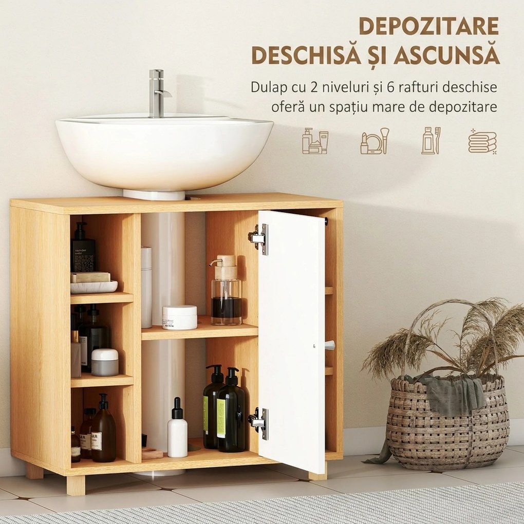 HOMCOM Dulap Sub Chiuvetă cu 2 Uși cu Închidere Lentă și 6 Rafturi Lemn natural | Aosom Romania