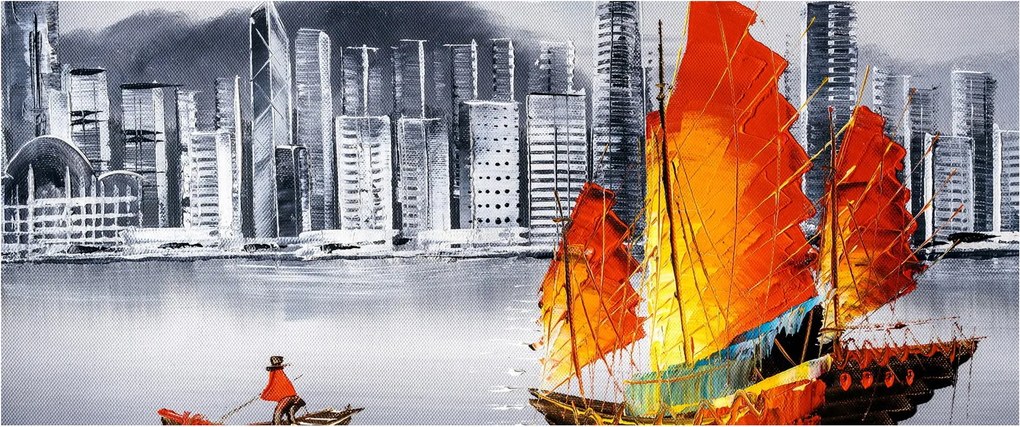 Tablou - Victoria Harbour, Hong Kong, pictură în ulei alb- negru (120x50 cm)