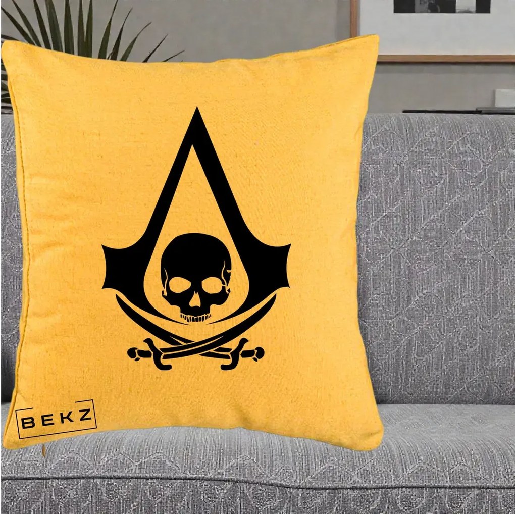 Perna Personalizata Assassin's Creed Black Flag Skull, 40x40 cm, Galben, Husa Detasabila, Perna Inclusa, BEKZ®