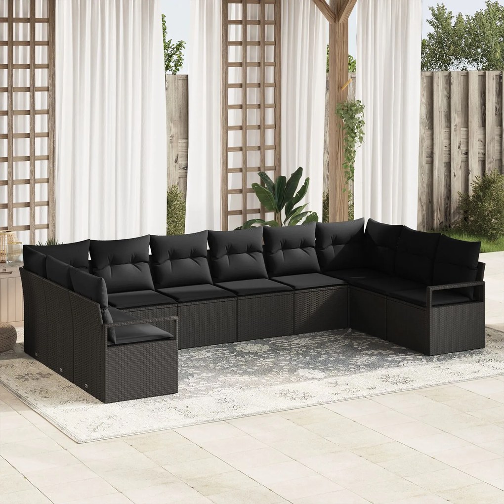 Set Canapele Grădină 10 Piese cu Perne Ratan Negru Polimer