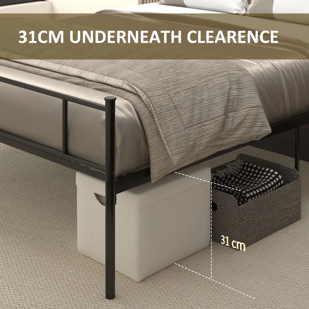 HOMCOM Cadru Pat de o Persoana, mai mare din Otel 140x200cm, Sipci Integrate si Tablie cap, Spatiu Inferior pentru Cutii, Negru | Aosom Romania