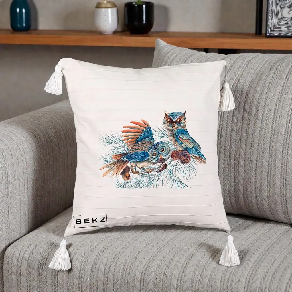 Perna Decorativa Bufnite de Iarna Albastre, 40x40 cm, Bej cu Franjuri, Husa Detasabila, Perna Inclusa, BEKZ®
