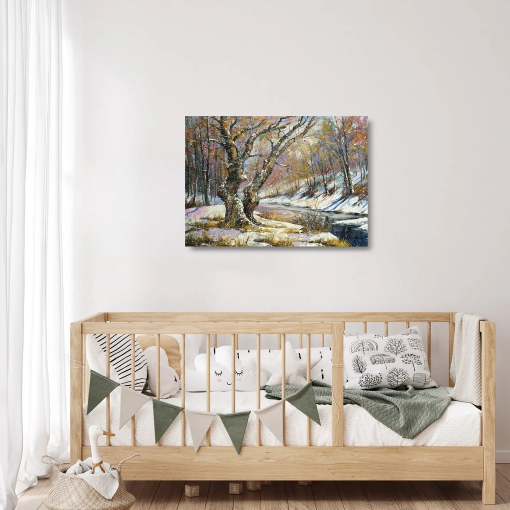 Tablou pe sticlă cu peisaj de iarnă pictat (70x50 cm)