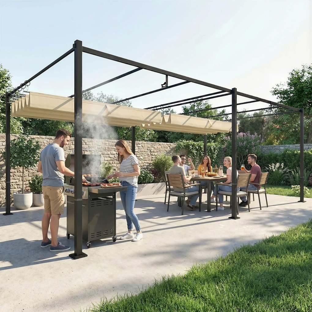 Outsunny Pergolă Gazebo 5.7x2.95 m, Pergolă de Grădină cu Acoperiș Retractabil și Glisant, Găuri de Drenaj, din Poliester și Metal, Pergolă pentru Exterior, Terasă, UV50+, Bej | Aosom Romania