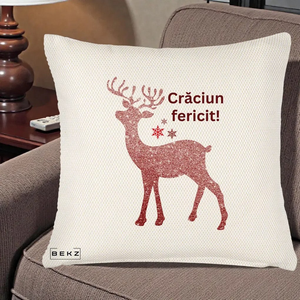 Perna Decorativa Ren Sclipitor Glitter Craciun Fericit, 40x40 cm, Crem Reliefat, Husa Detasabila, Perna Inclusa, BEKZ®
