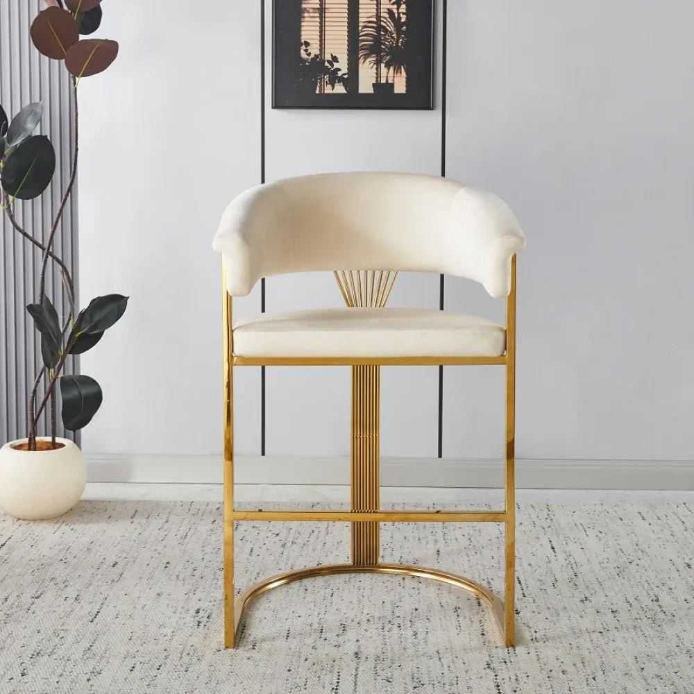 RESIGILAT- Scaun bar, cadru metalic auriu, catifea, Bej/Auriu