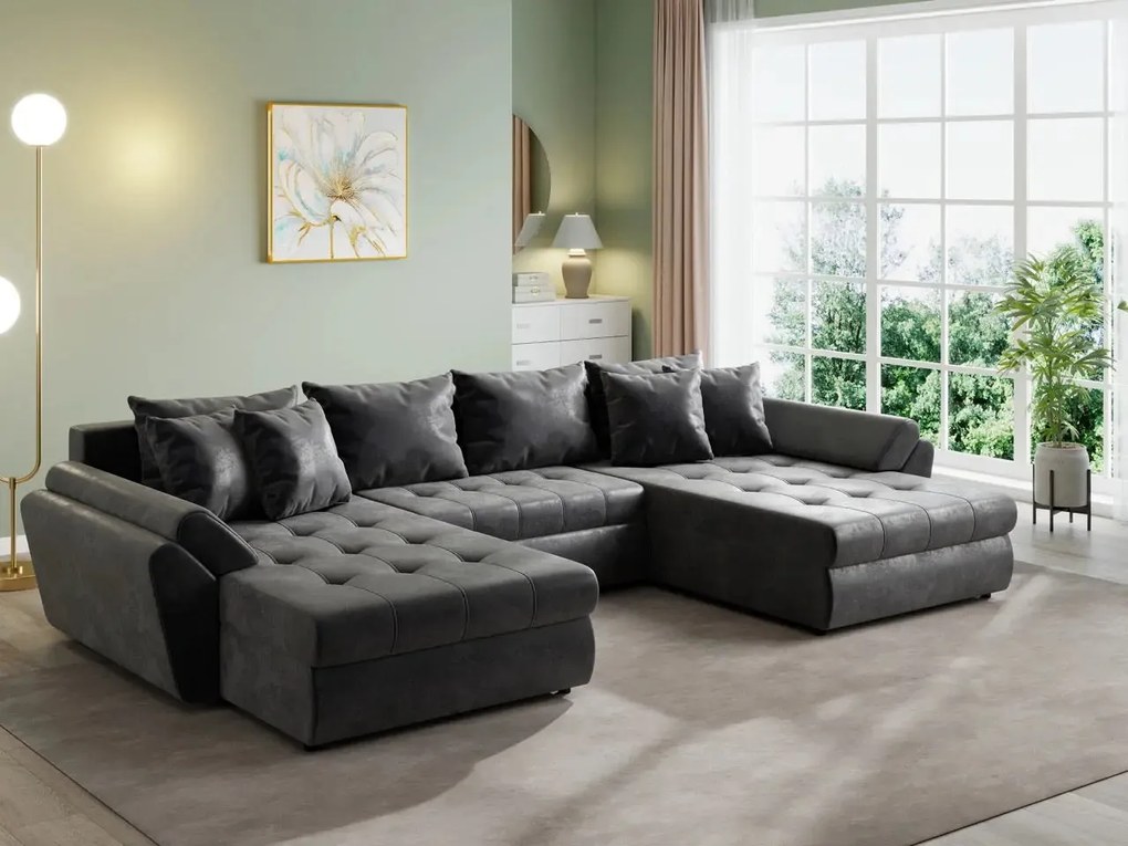 Colțar extensibil dumonde cu ladă de depozitare si sezut confortabil din spuma high-density, Loana U Madagaskar Black 355x185 cm