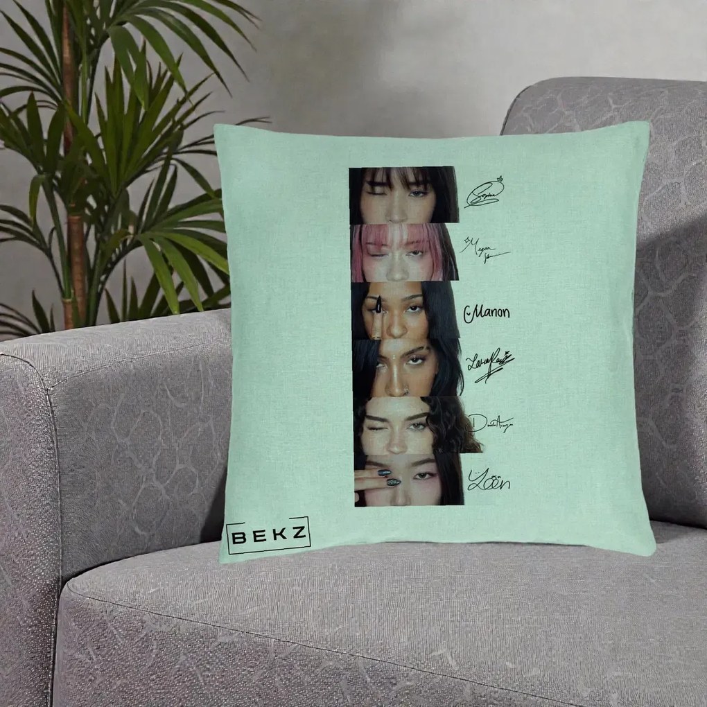Perna Personalizata K-pop KATSEYE Semnaturi fara Foto, 40x40 cm, Verde Menta, Husa Detasabila, Perna Inclusa, BEKZ®