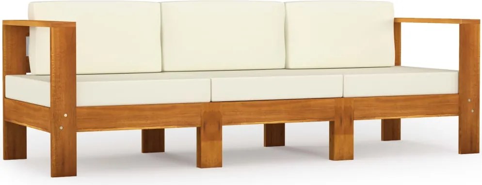vidaXL Canapea grădină cu 3 locuri, perne alb/crem, lemn masiv acacia