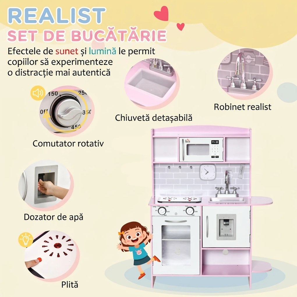 HOMCOM Bucătărie de Jucărie pentru Copii, cu Lumini și Sunete, Dozator Apă, Chiuvetă și Accesorii, MDF, PP, Roz | Aosom Romania