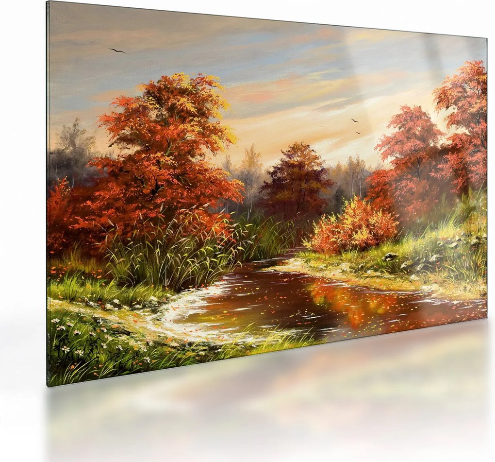 Tablou pe sticlă - Râu în peisaj de toamnă (70x50 cm)