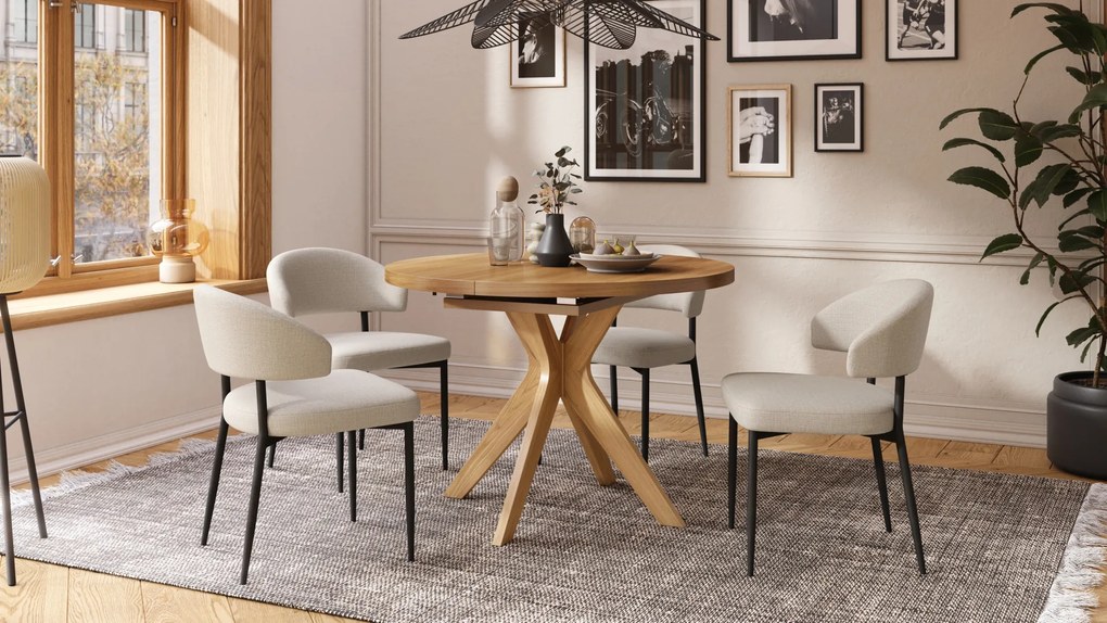 Mazzoni RENZO Stejar Natural - MASĂ ROTUNDĂ DIN LEMN Ø110 EXTENSIBILĂ PÂNĂ LA 180 cm | PENTRU BUCĂTĂRIE SUFRAGERIE LIVING RETRO