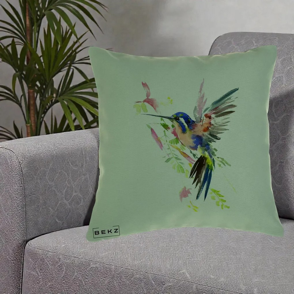 Perna Decorativa Colibri Acuarela, 40x40 cm, Verde, Husa Detasabila, Perna Inclusa, BEKZ®