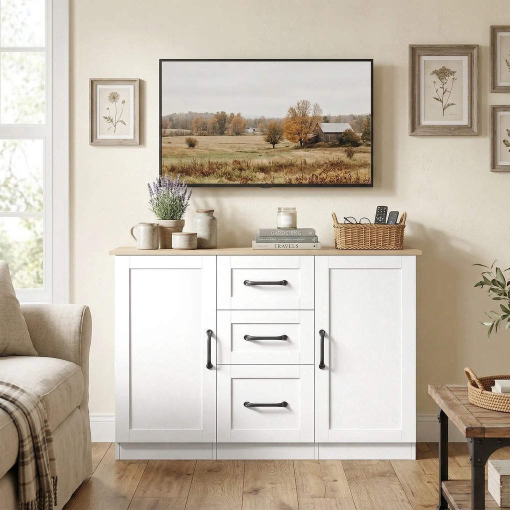 HOMCOM Bufet pentru living, mobilier de depozitare cu 2 uși cu închidere silențioasă și 3 sertare, 110x35x80,4cm, alb și lemn natural | Aosom Romania