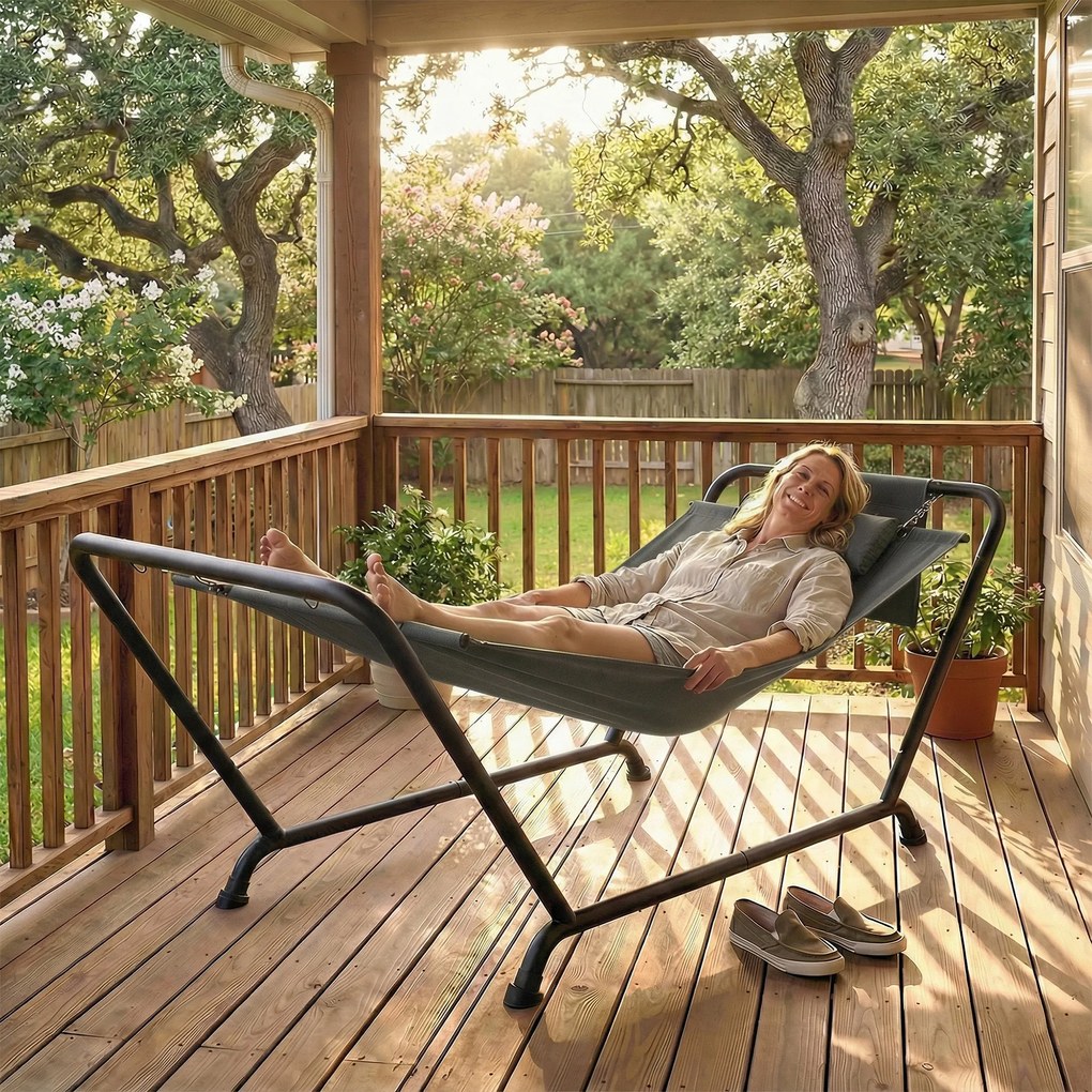 Outsunny Hamac cu cadru 237 x 90 cm Hamac cu bară cu buzunar lateral, pernă pentru cap Cadru metalic suport până la 150 kg | Aosom Romania