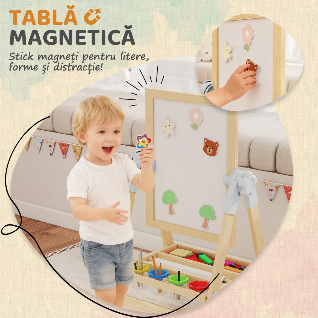AIYAPLAY Șevalet pentru copii cu tablă dublă pentru cretă și markere, tablă magnetică și tăviță pentru accesorii, rolă de hârtie inclusă, lemn natur | Aosom Romania