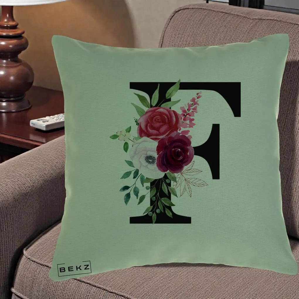Cadou Personalizat - Perna Personalizata Monograma Florala Litera F, 40x40 cm, Verde, Husa Detasabila, Perna Inclusa, BEKZ®