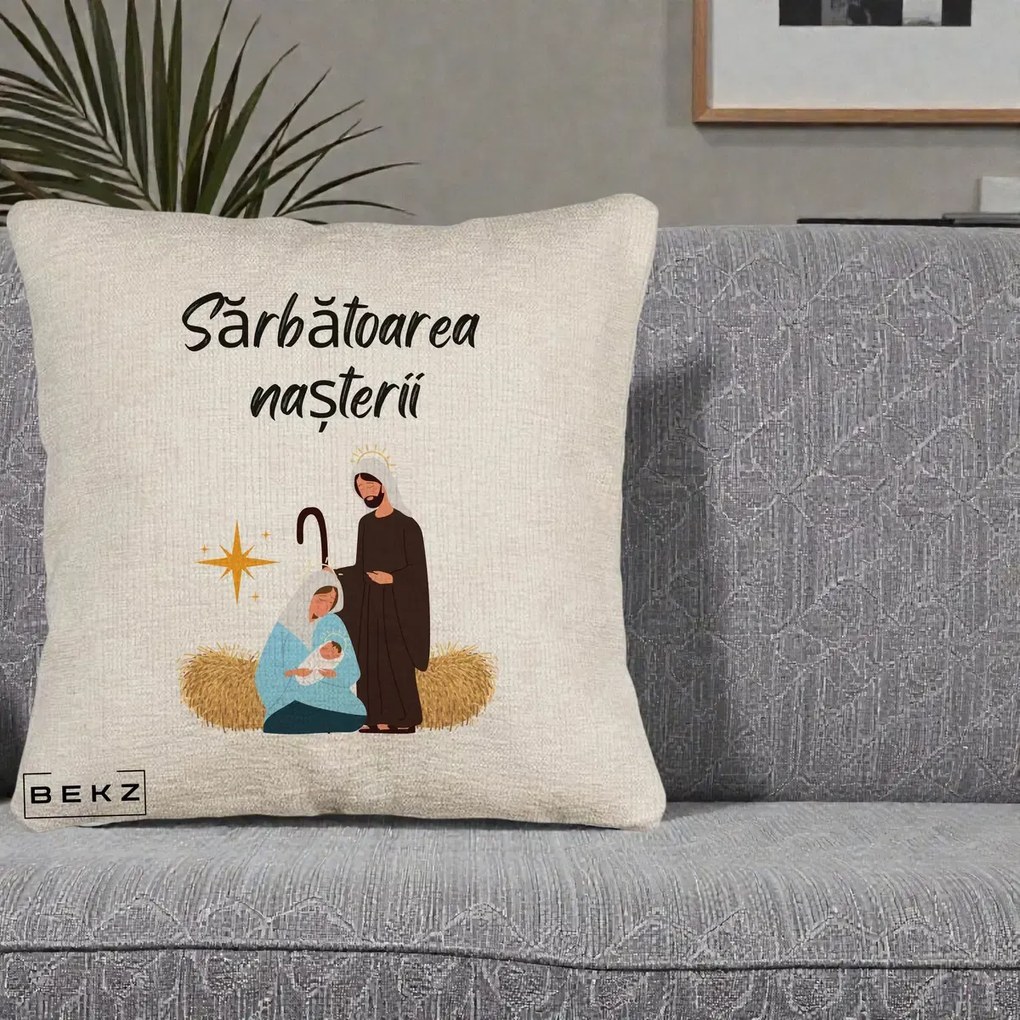 Perna Decorativa Nasterea Domnului Sfanta Familie Sarbatoarea Nasterii, 40x40 cm, Bej Canapea, Husa Detasabila, Perna Inclusa, BEKZ®