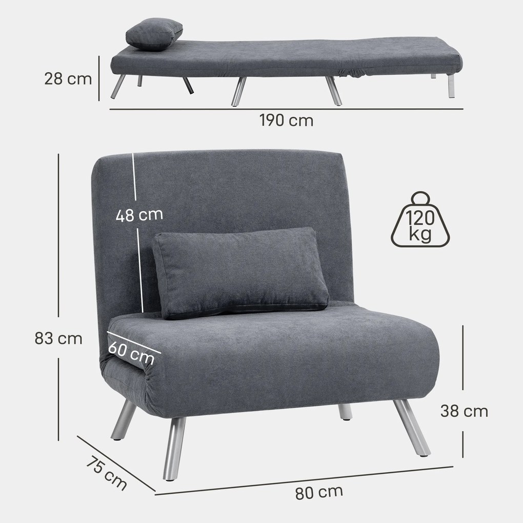 HOMCOM Fotoliu cu functie de pat, design 2-in-1, fotoliu de dormit, pat de oaspeti, husa material, cu perna, Gri inchis | Aosom Romania
