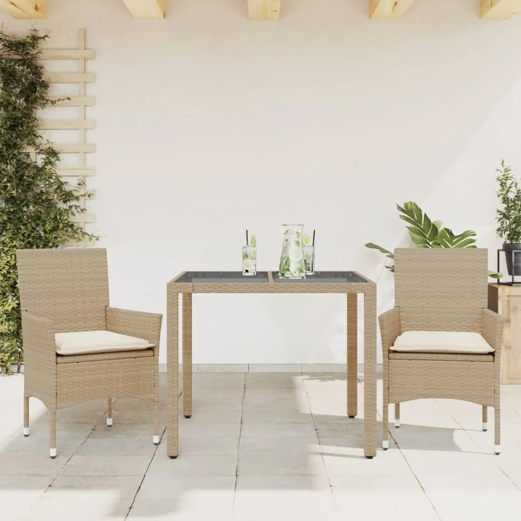 vidaXL Set mobilier de grădină cu perne 3 piese bej poliratan &amp; sticlă