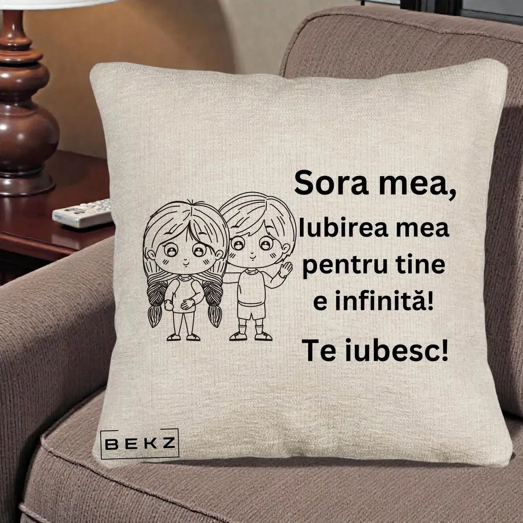Cadou pentru Sora - Perna Personalizata Sora Mea Te Iubesc Copii Anime Line Art, 40x40 cm, Bej Canapea, Husa Detasabila, Perna Inclusa, BEKZ®