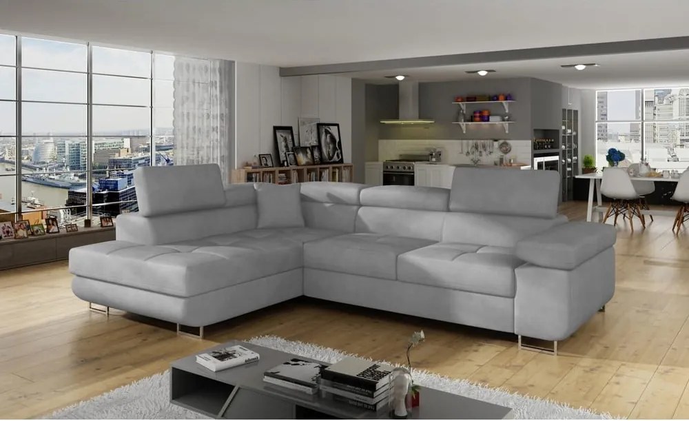 Colțar gri deschis extensibil/cu spațiu de depozitare cu tapițerie din catifea (cu colț pe partea stângă/în formă de ”L”) Anton – ELTAP