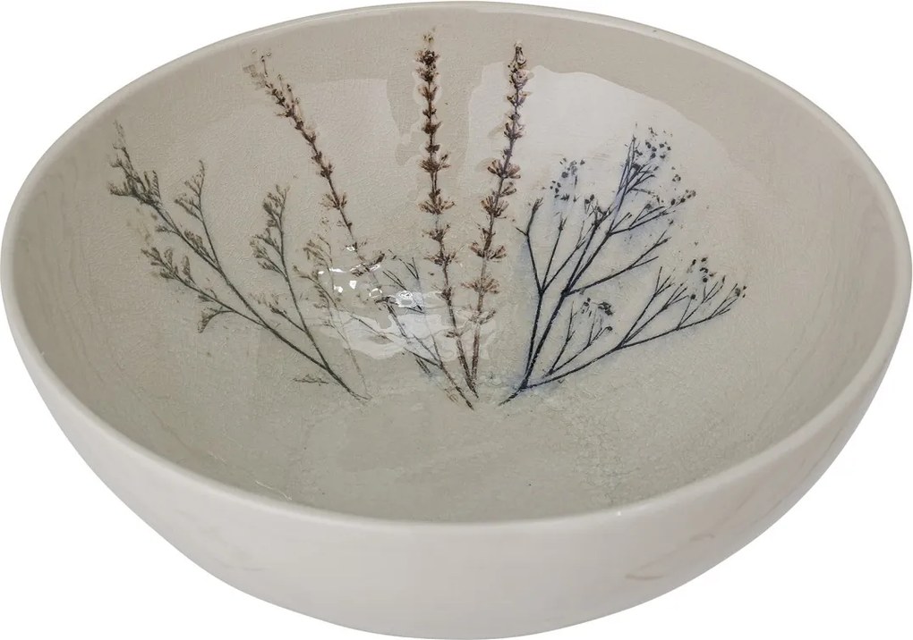 Bol de servire din ceramică, natur, cu ilustrații botanice pictate manual, 30.5x11 cm, „Bea"