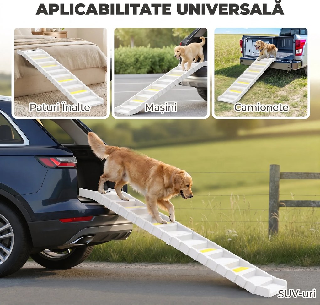 PawHut Rampă Pliabilă pentru Câini pentru Mașină și Paturi Înalte, cu 10 Trepte, Benzi și Covorașe Antiderapante, Albă | Aosom Romania