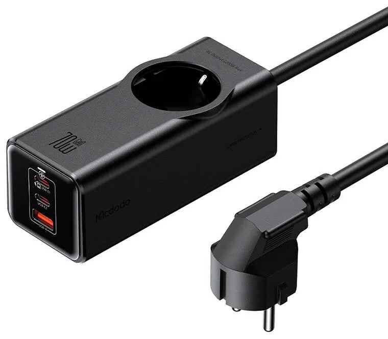 Prelungitor McDodo, 1 priza, 2xUSB-C max 70W+USB-A, 1.5 metri, negru