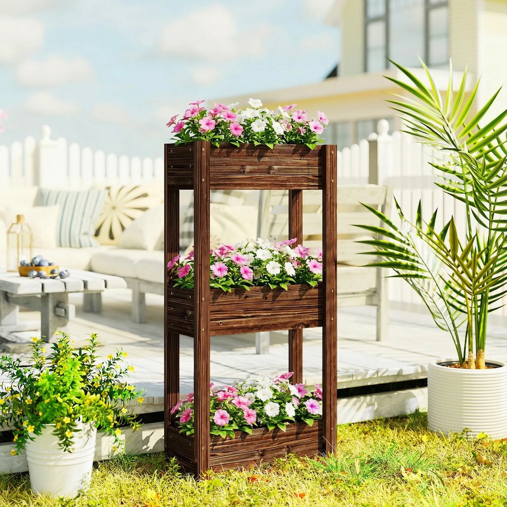 Outsunny Bac pentru plante ridicat jardinieră pe picioare 3 niveluri orificii de drenaj și căptușeală 60 x 25 x 120 cm, Maro | Aosom Romania