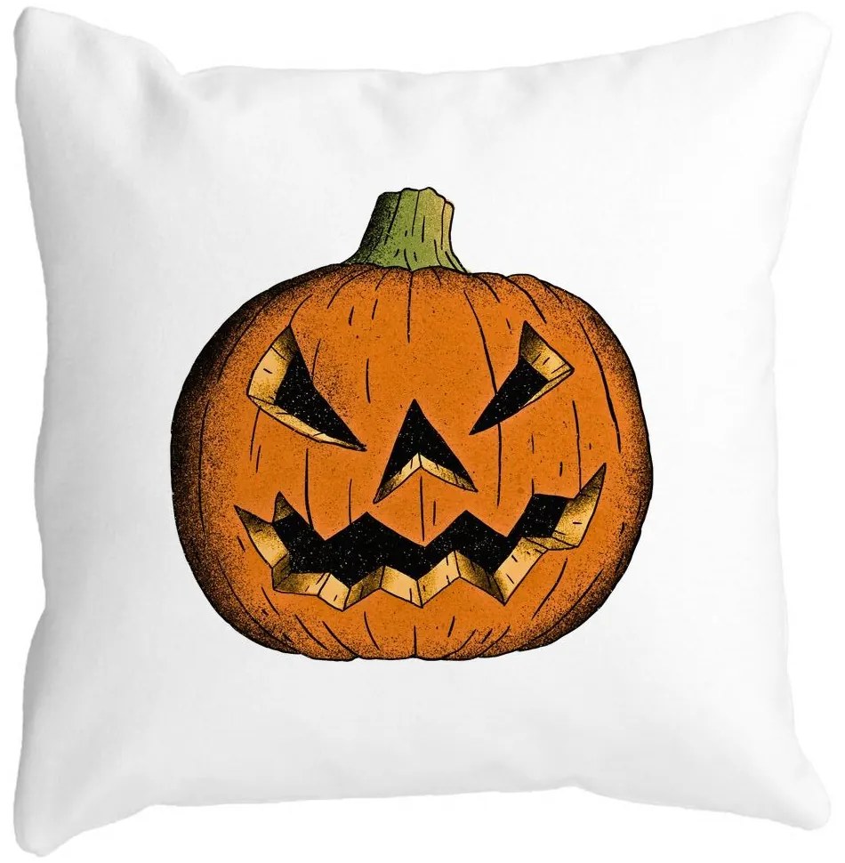 Perna Decorativa cu motiv Dovleac de Halloween 2, 40x40 cm, Alba, Mata, Husa Detasabila, Burduf