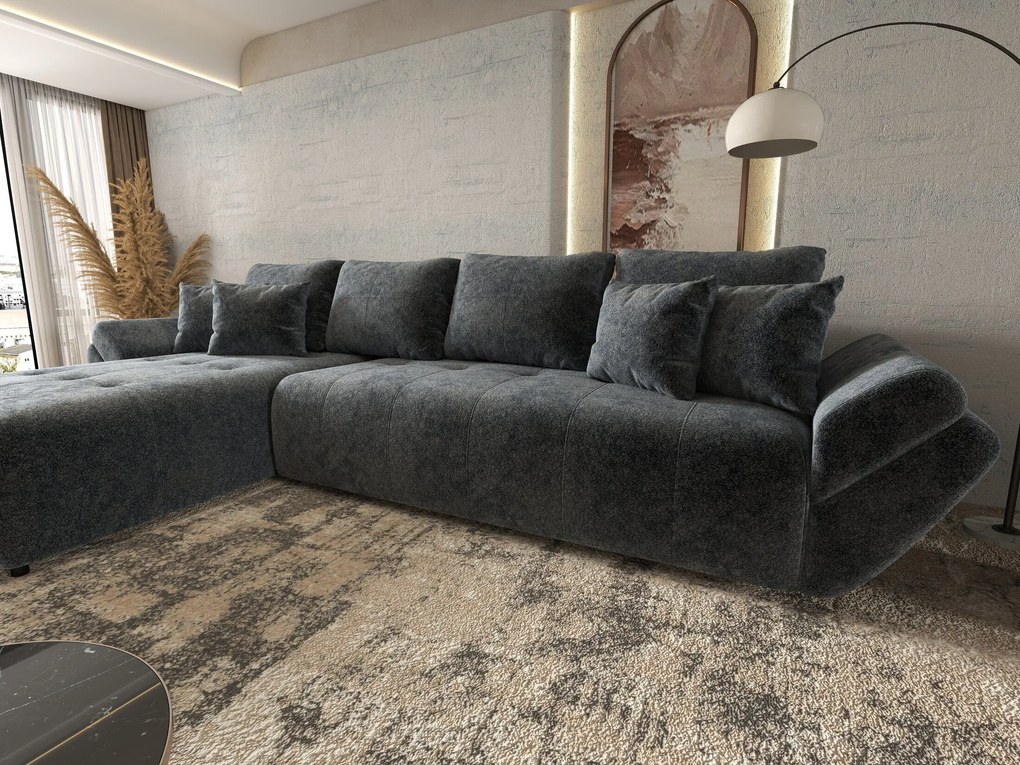 Colțar extensibil dumonde cu ladă de depozitare si sezut confortabil din spuma high-density, Berlin XL Euphoria Graphite 350x185 cm