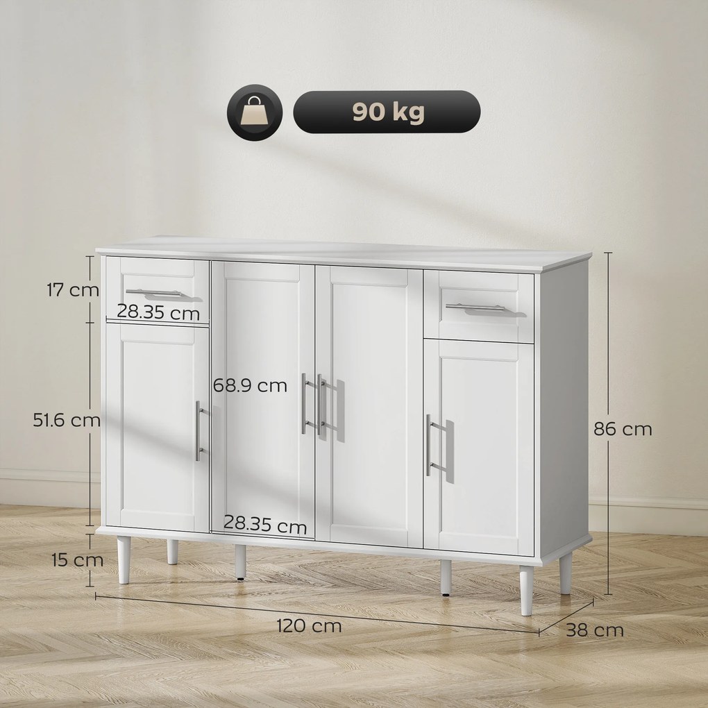 HOMCOM Mobilier de Sufragerie, Credență cu 2 Sertare și 3 Dulapuri cu Rafturi Reglabile, Comodă cu Picioare din Pin pentru Sala de Mese și Bucătărie, 120x38x86 cm, Alb | Aosom Romania
