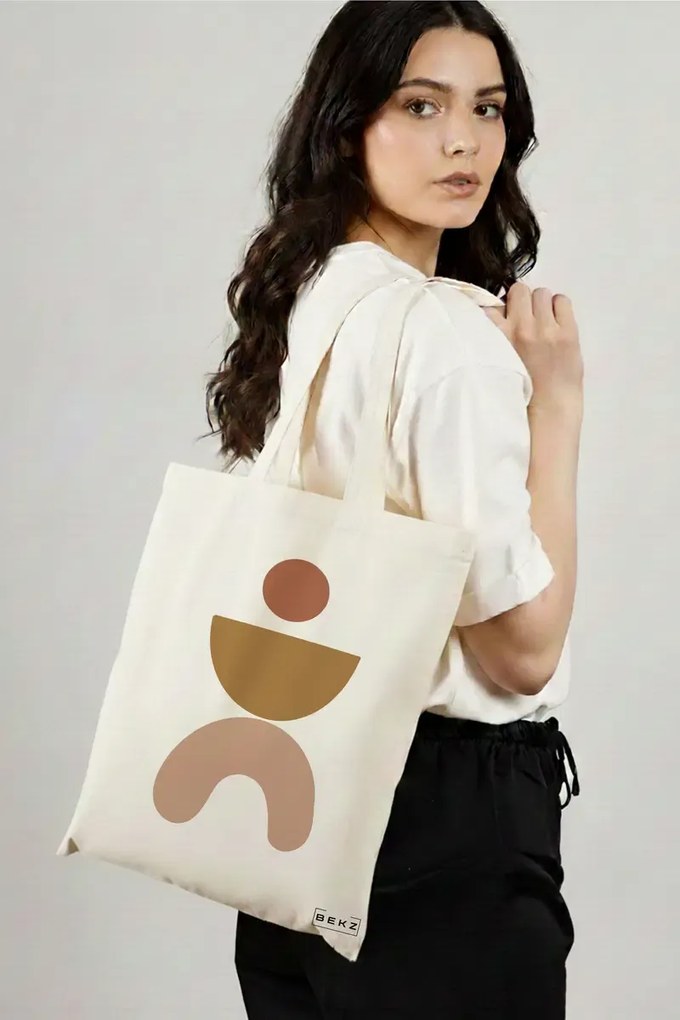 Sacosa de Panza pentru Cumparaturi, Geanta Tote, model Geometric Art, 38x34.5 cm, Alba, BEKZ®