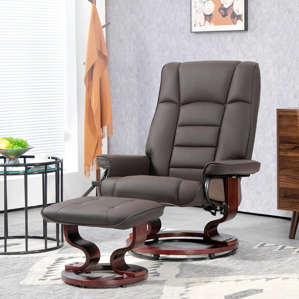 HOMCOM Fotoliu de relaxare cu taburet, rotativ & inalt reglabil, piele ecologică, până la 150 kg, cadru din lemn, Maro | Aosom Romania