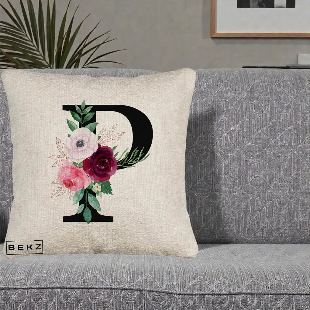 Cadou Personalizat - Perna Personalizata Monograma Florala Litera P, 40x40 cm, Bej Canapea, Husa Detasabila, Perna Inclusa, BEKZ®