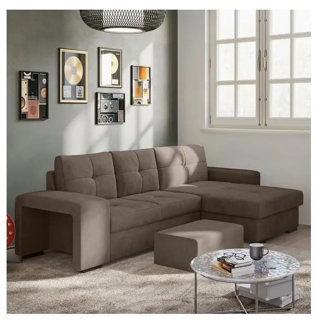 Canapea extensibilă PALERMO, cu spațiu de depozitare și taburet, maro, cu șezlong pe partea dreaptă